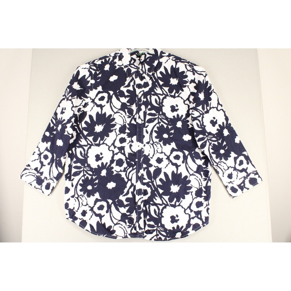 Lauren Ralph Lauren Shirt XL Navy White Floral Cotton 3/4 Sleeve Preppy Top
